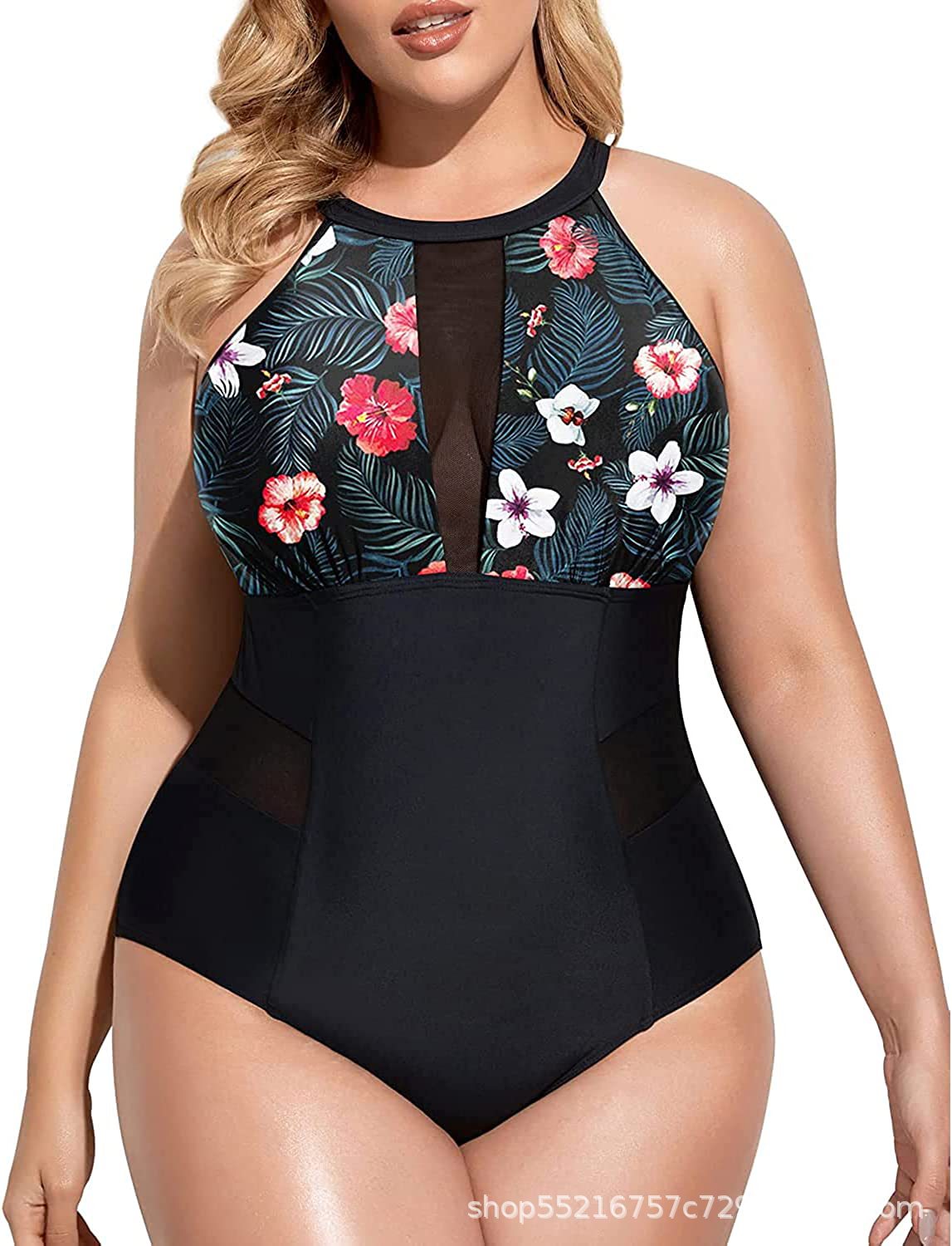 Women Plus Size One Piece Swimsuit High Neck Plunge Mesh Cut Out Bathing Suits